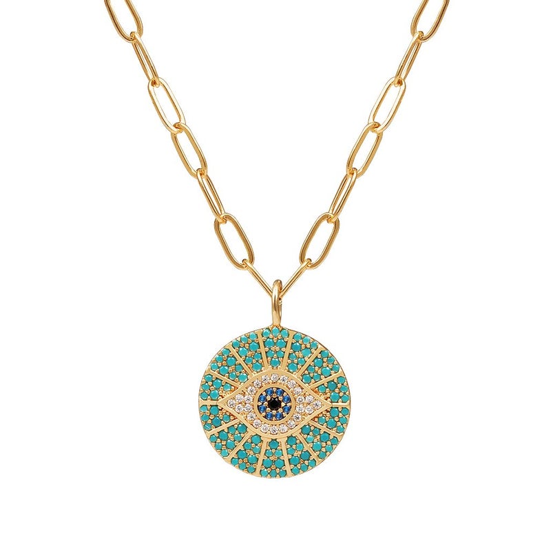 Obidos 14k Gold Plated Evil Eye Pendant Necklace for Women 18-20Inch,Round Circle Disk Minimalist Jewelry - Image 1